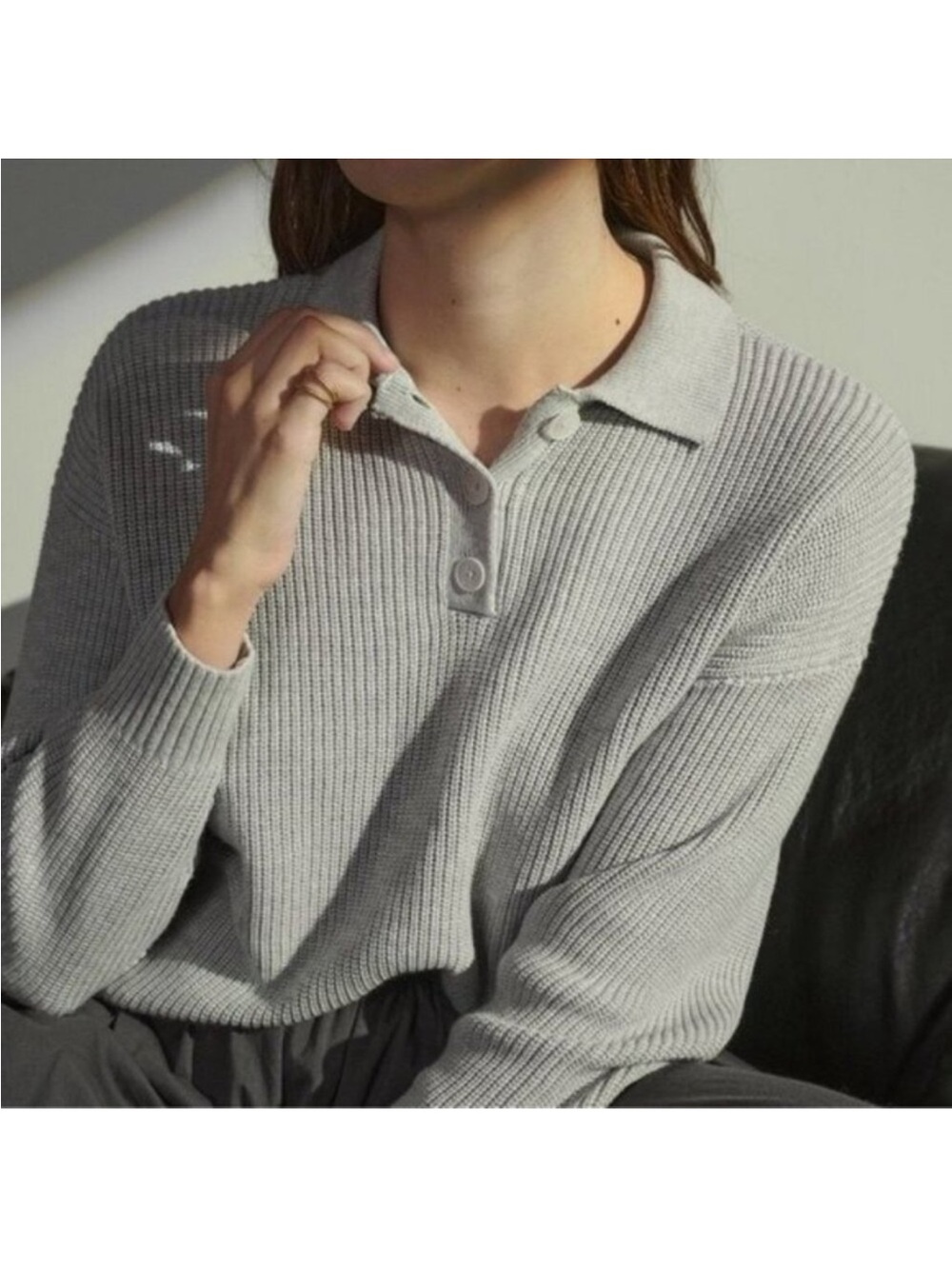 Lunya Cozy Cotton Silk Polo Pullover Light Gray Ribbed Knit Sweater Size XS/S